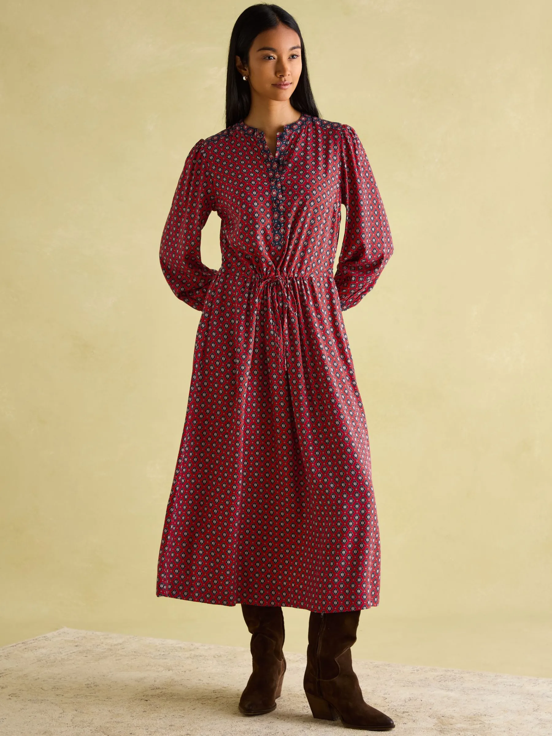 Aster Red and Navy Tie Waist Midi Dress<Joules Outlet