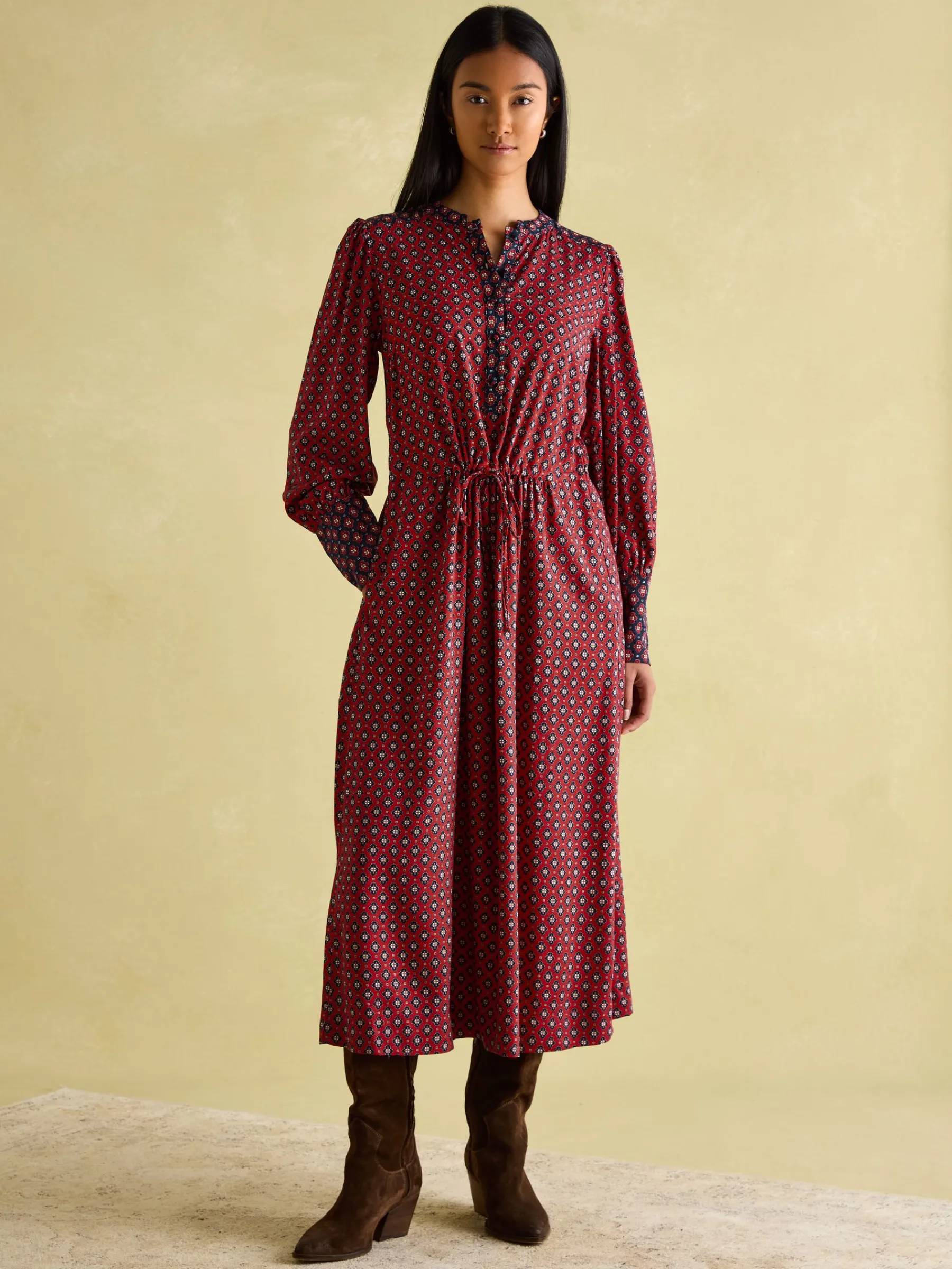 Aster Red and Navy Tie Waist Midi Dress<Joules Outlet