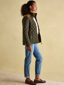 Braemar Luxe Khaki Green Showerproof Diamond Quilted Coat<Joules Online