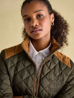 Braemar Luxe Khaki Green Showerproof Diamond Quilted Coat<Joules Online
