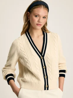 Centre Court Cream & Navy Button Through Cable Knit Cardigan<Joules Best