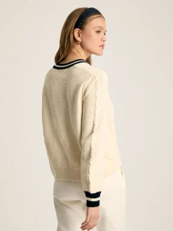 Centre Court Cream & Navy Button Through Cable Knit Cardigan<Joules Best