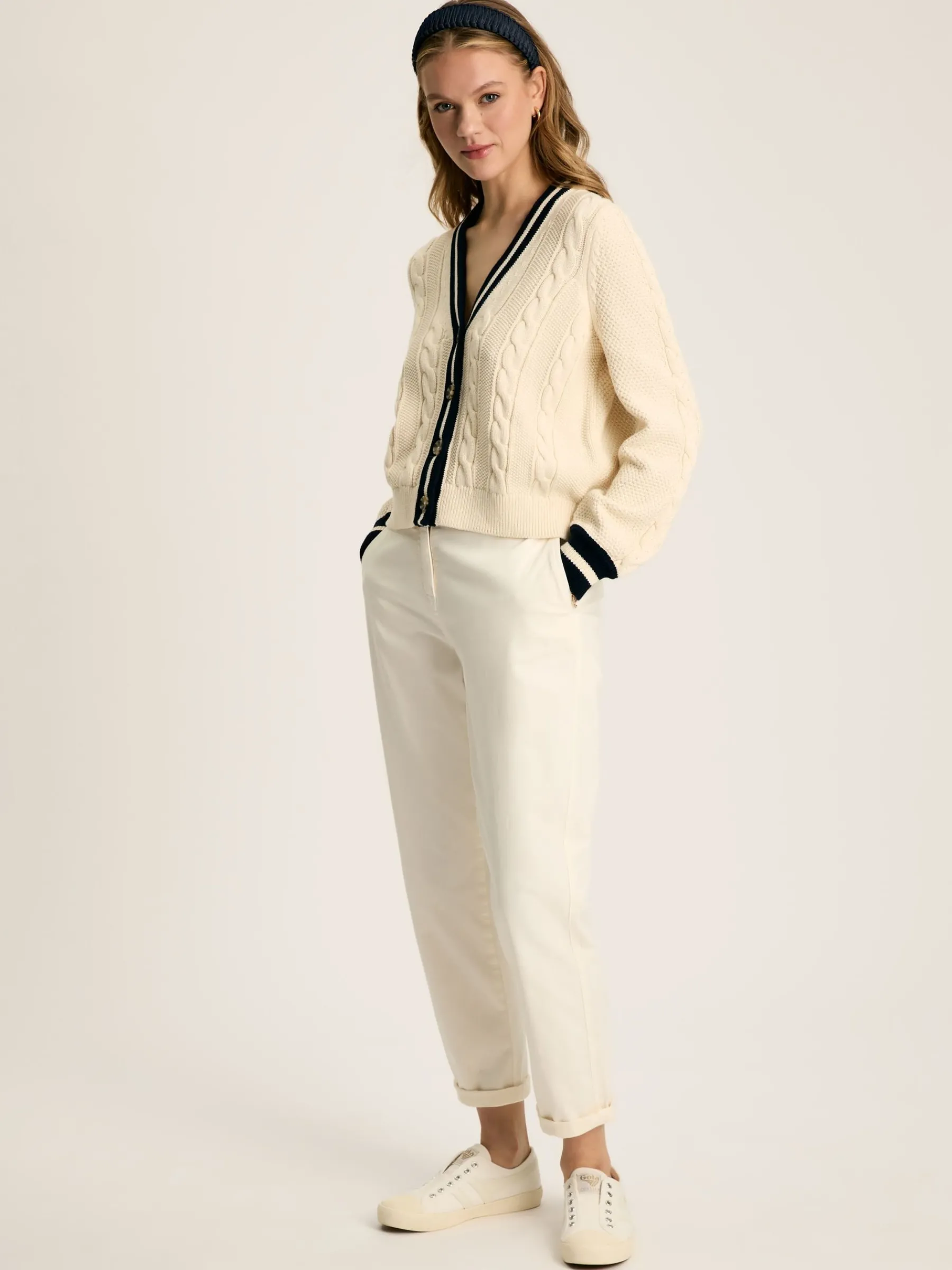 Centre Court Cream & Navy Button Through Cable Knit Cardigan<Joules Best