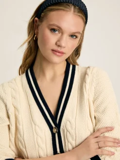 Centre Court Cream & Navy Button Through Cable Knit Cardigan<Joules Best