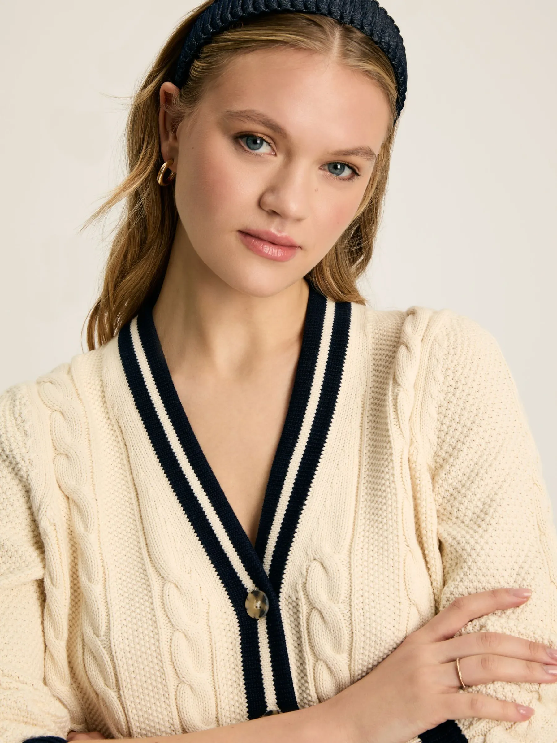 Centre Court Cream & Navy Button Through Cable Knit Cardigan<Joules Best