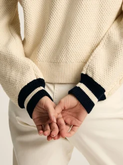 Centre Court Cream & Navy Button Through Cable Knit Cardigan<Joules Best