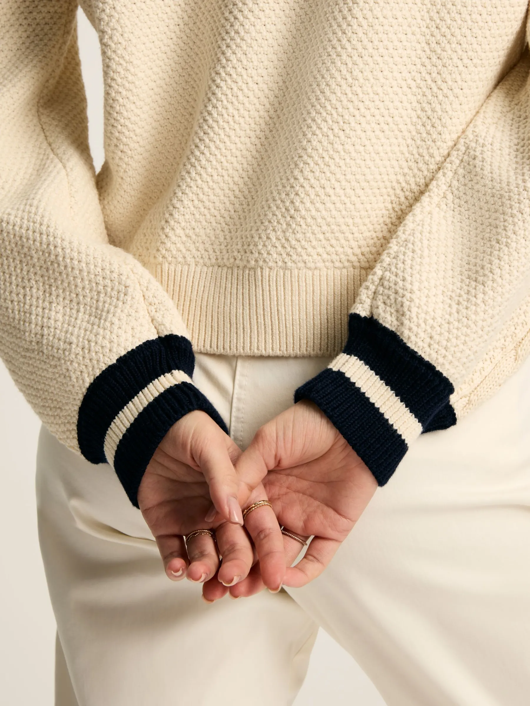 Centre Court Cream & Navy Button Through Cable Knit Cardigan<Joules Best