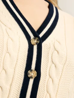 Centre Court Cream & Navy Button Through Cable Knit Cardigan<Joules Best
