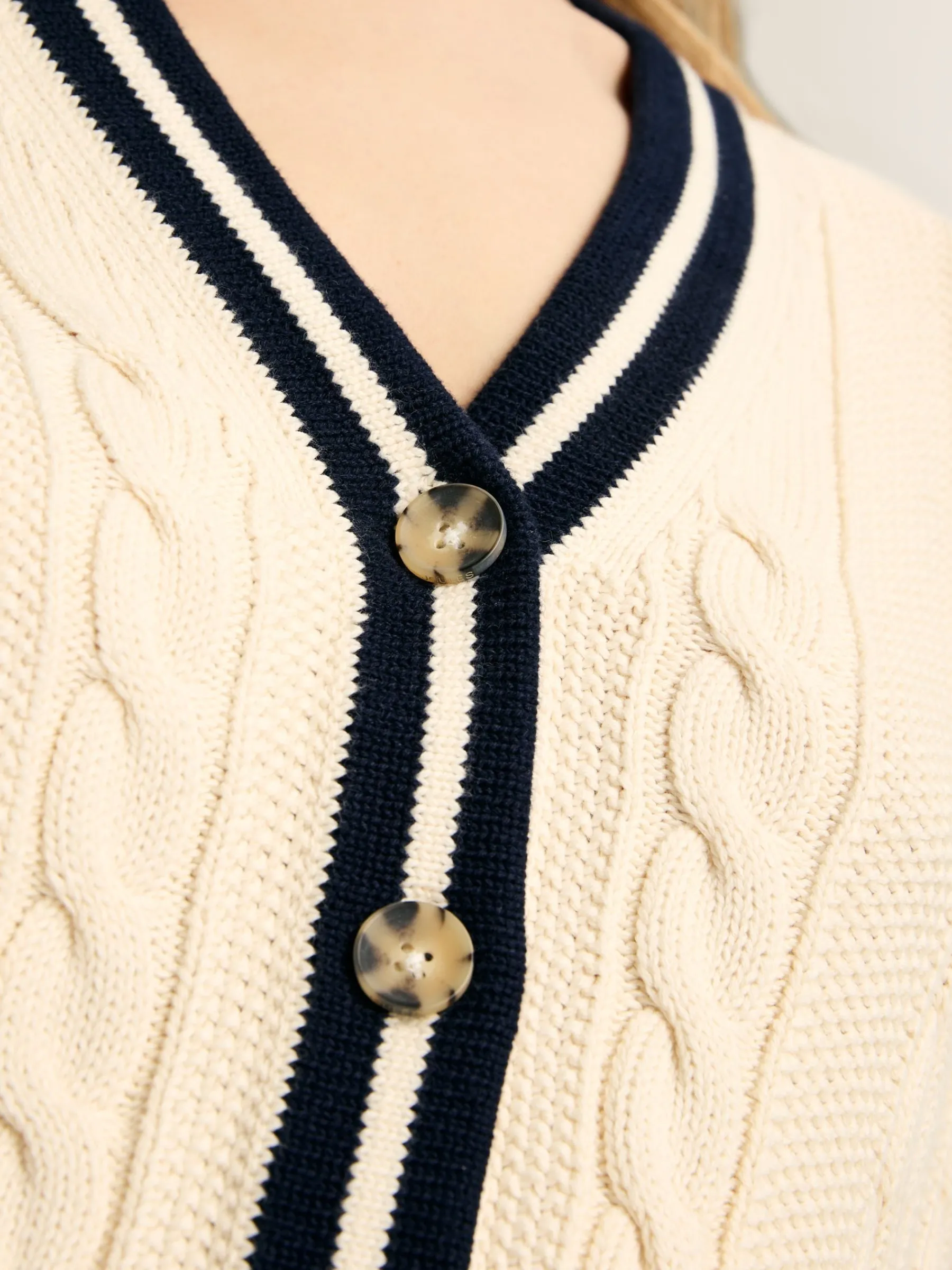 Centre Court Cream & Navy Button Through Cable Knit Cardigan<Joules Best