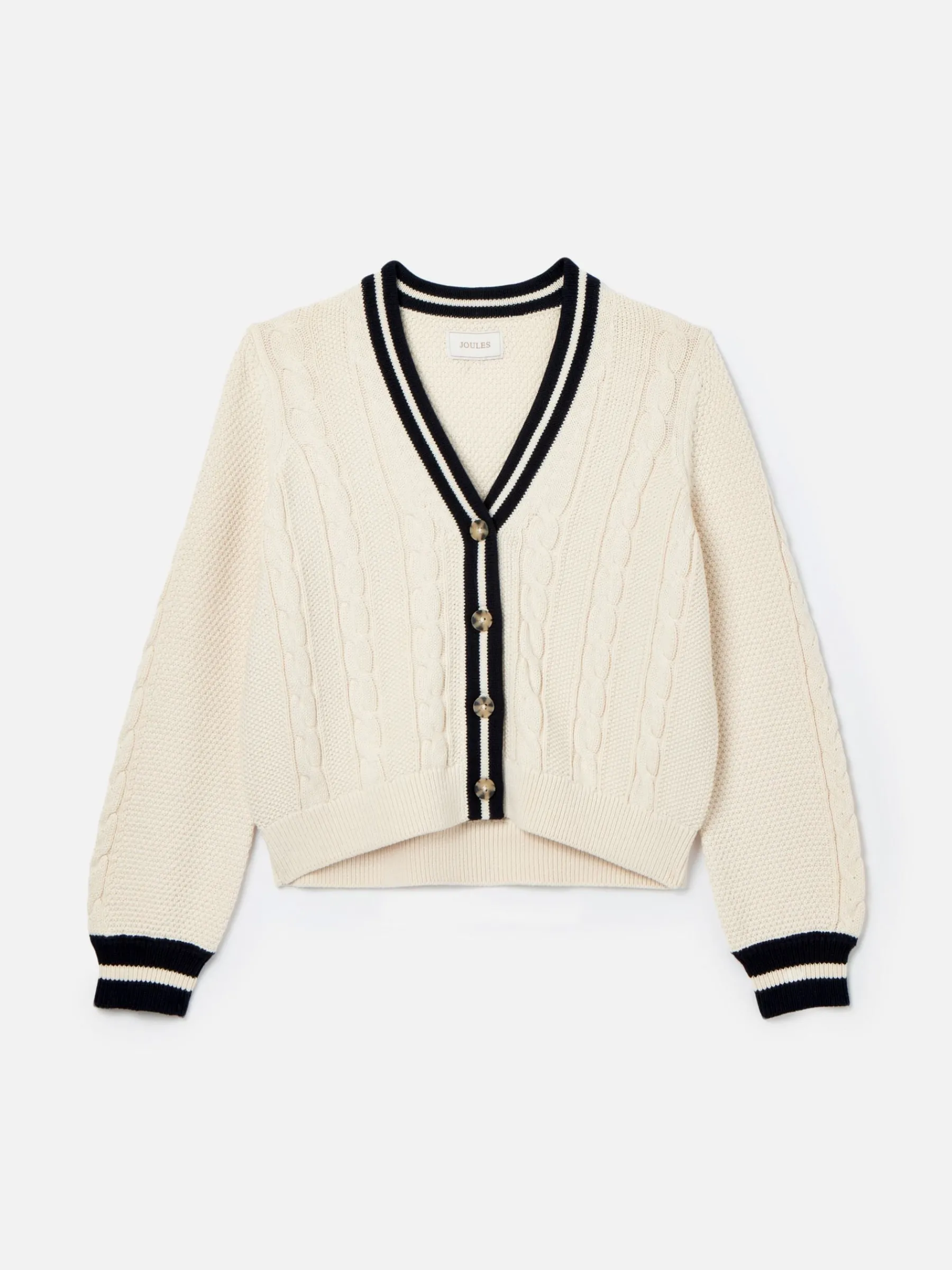 Centre Court Cream & Navy Button Through Cable Knit Cardigan<Joules Best