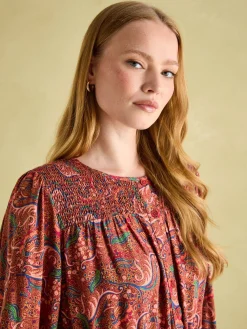 Felicity Red Paisley Smocked Midi Dress<Joules Clearance