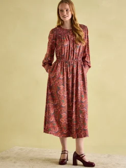 Felicity Red Paisley Smocked Midi Dress<Joules Clearance