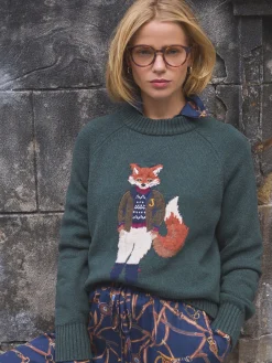 Jonty Dark Green Intarsia Fox Knit Jumper<Joules Discount