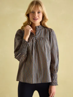 Mariella Navy Stripe Cotton Frill Neck Blouse<Joules Outlet