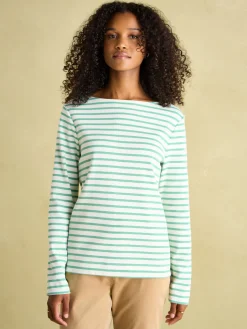 New Harbour Cream & Green Striped Boat Neck Breton Top<Joules New