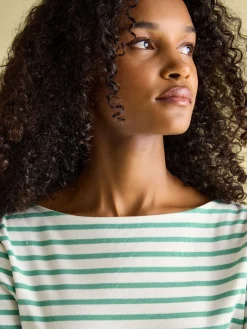 New Harbour Cream & Green Striped Boat Neck Breton Top<Joules New