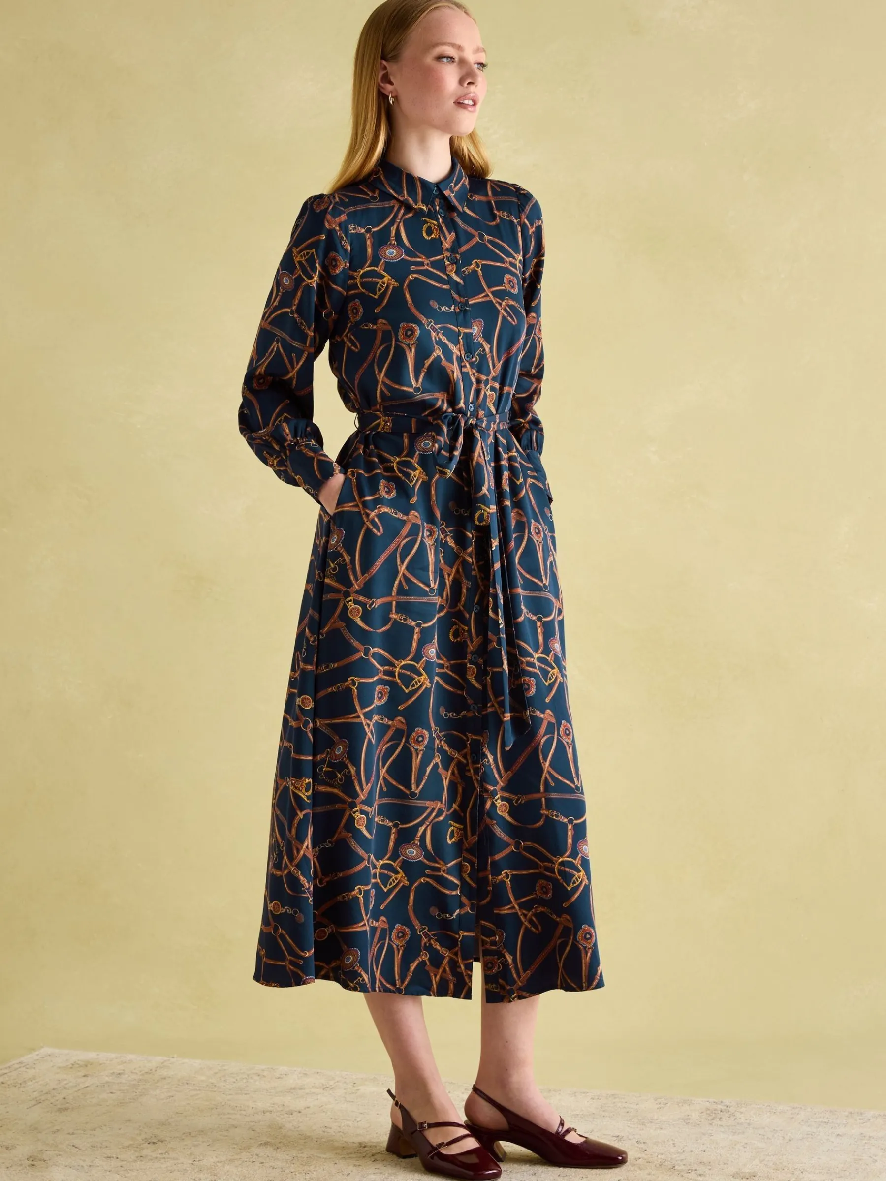 Penelope Navy Bridle Print Satin Shirt Dress<Joules New