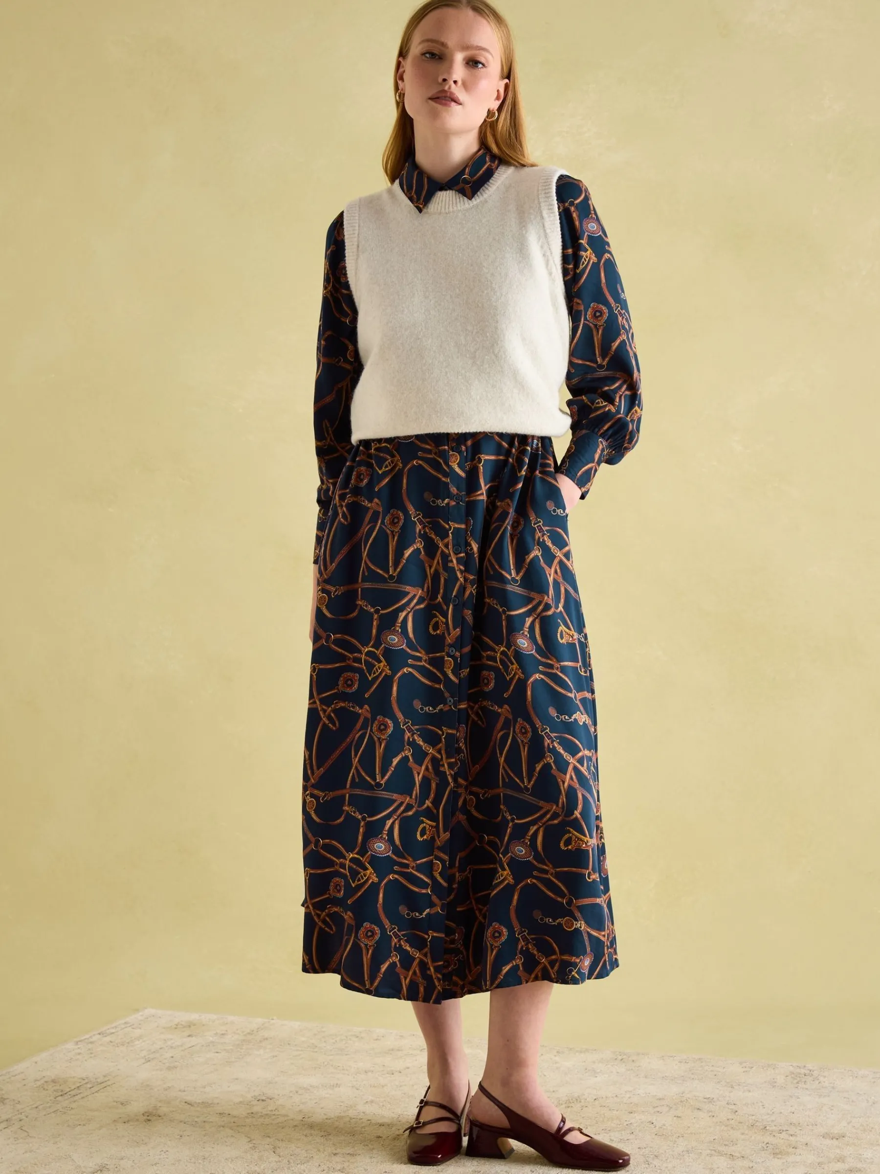 Penelope Navy Bridle Print Satin Shirt Dress<Joules New