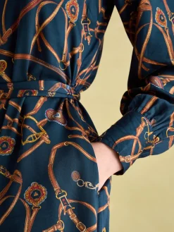 Penelope Navy Bridle Print Satin Shirt Dress<Joules New