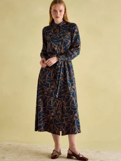 Penelope Navy Bridle Print Satin Shirt Dress<Joules New
