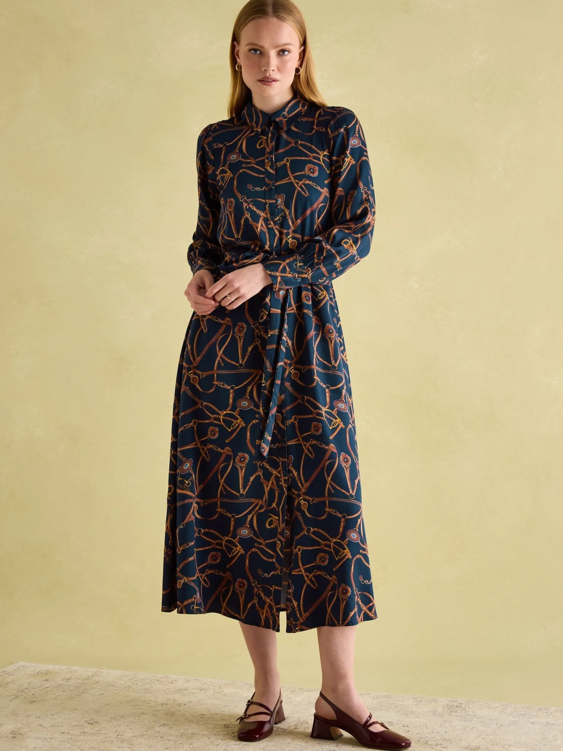 Penelope Navy Bridle Print Satin Shirt Dress<Joules New