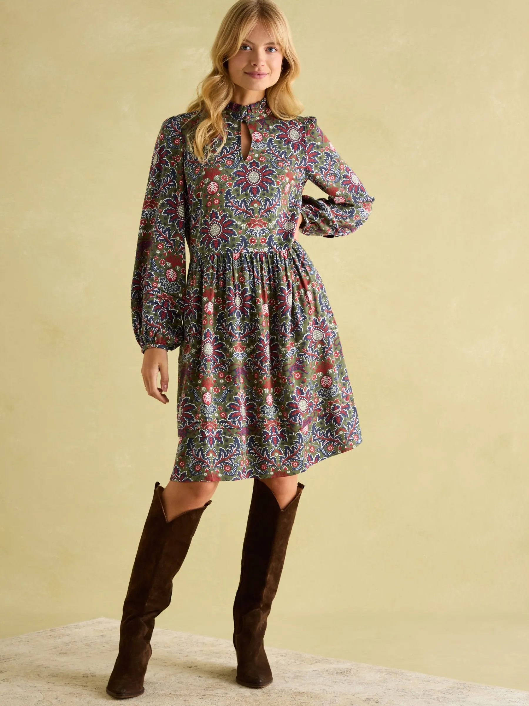 Petunia Khaki Green Frill Neck Dress<Joules New