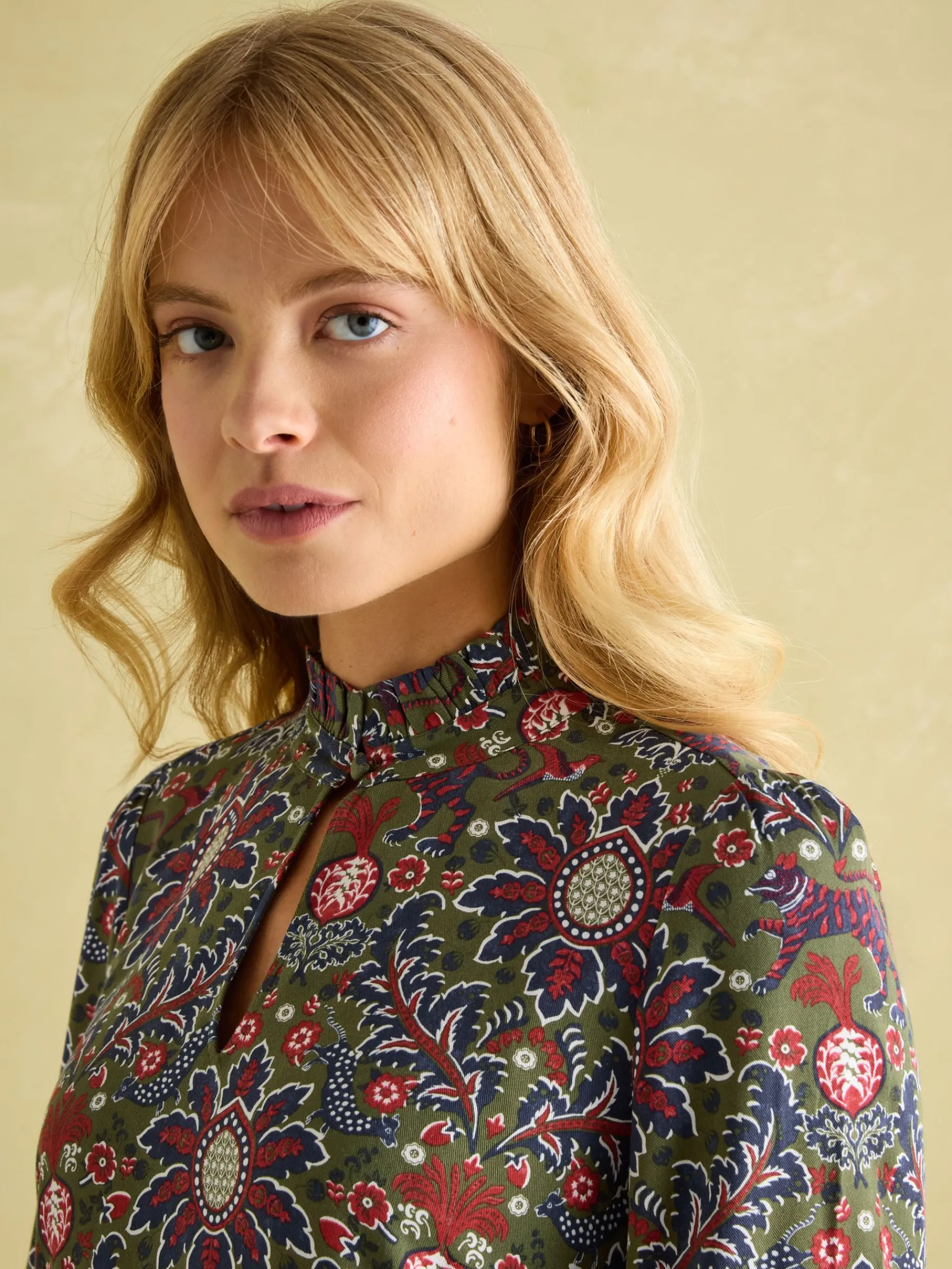 Petunia Khaki Green Frill Neck Dress<Joules New