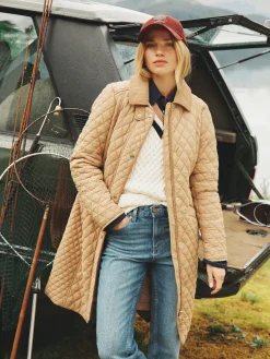 Rosewell Tan Brown Showerproof Longline Diamond Quilted Coat<Joules