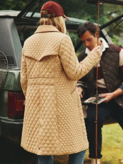 Rosewell Tan Brown Showerproof Longline Diamond Quilted Coat<Joules