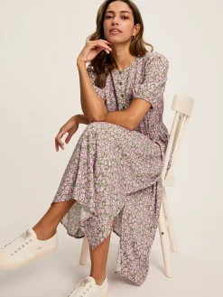 Adele Green & Pink Floral Button Down Midi Dress with Slit<Joules Clearance