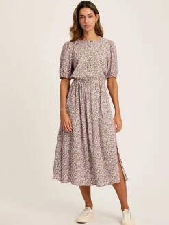 Adele Green & Pink Floral Button Down Midi Dress with Slit<Joules Clearance