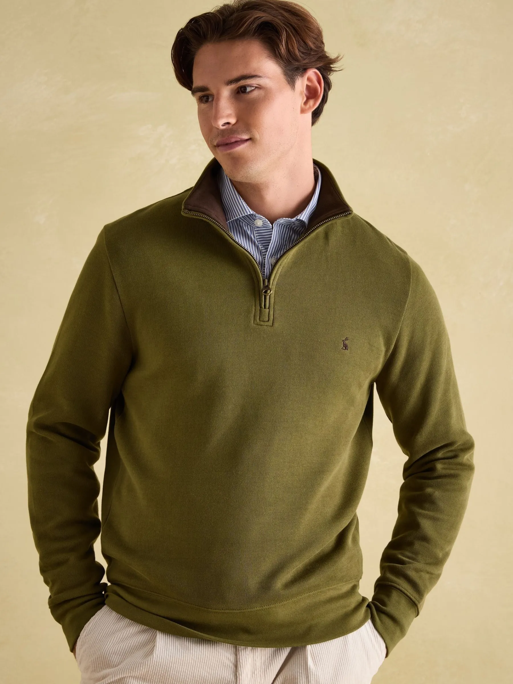 Alistair Khaki Green Quarter Zip Cotton Sweatshirt<Joules