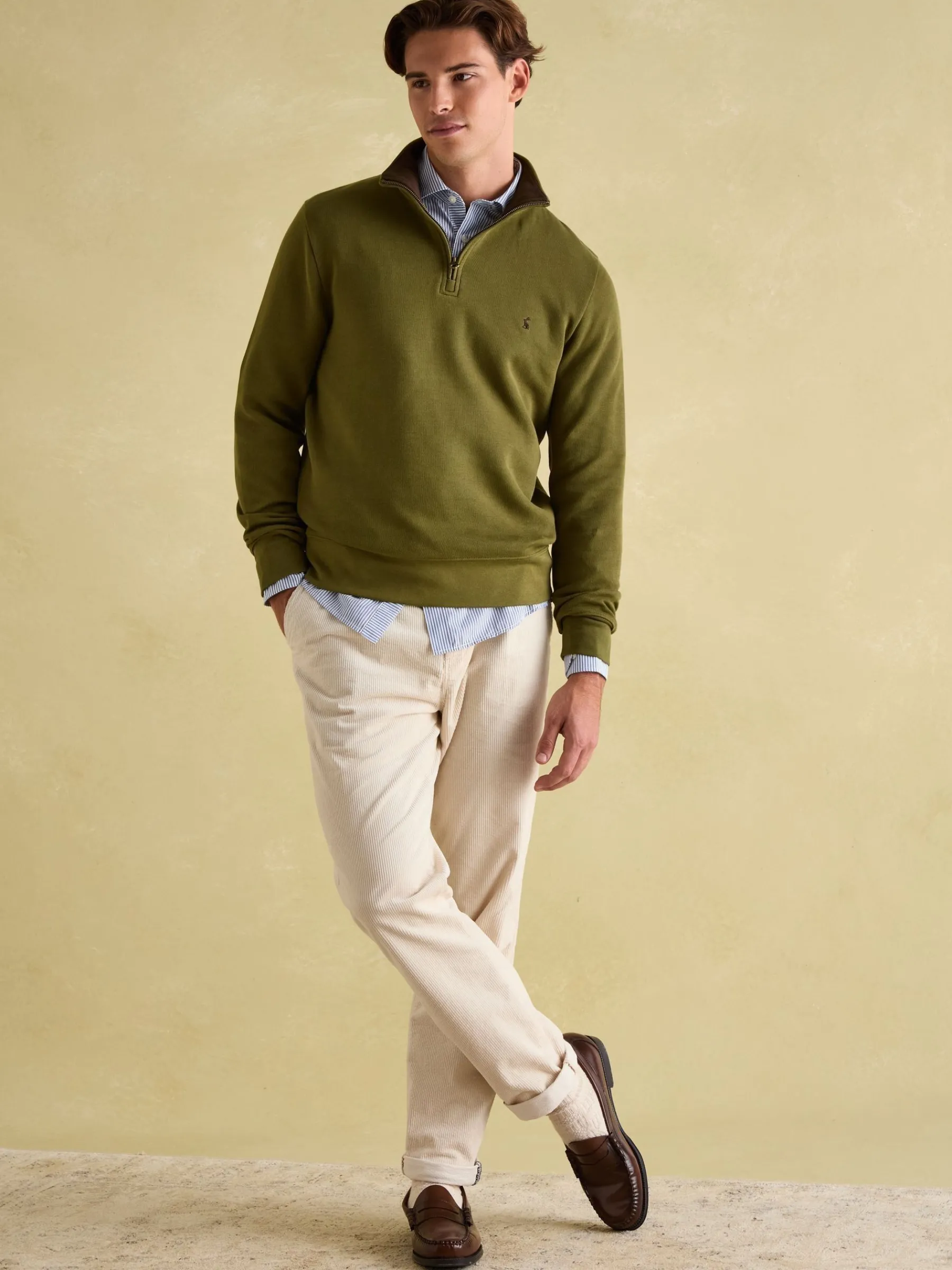 Alistair Khaki Green Quarter Zip Cotton Sweatshirt<Joules