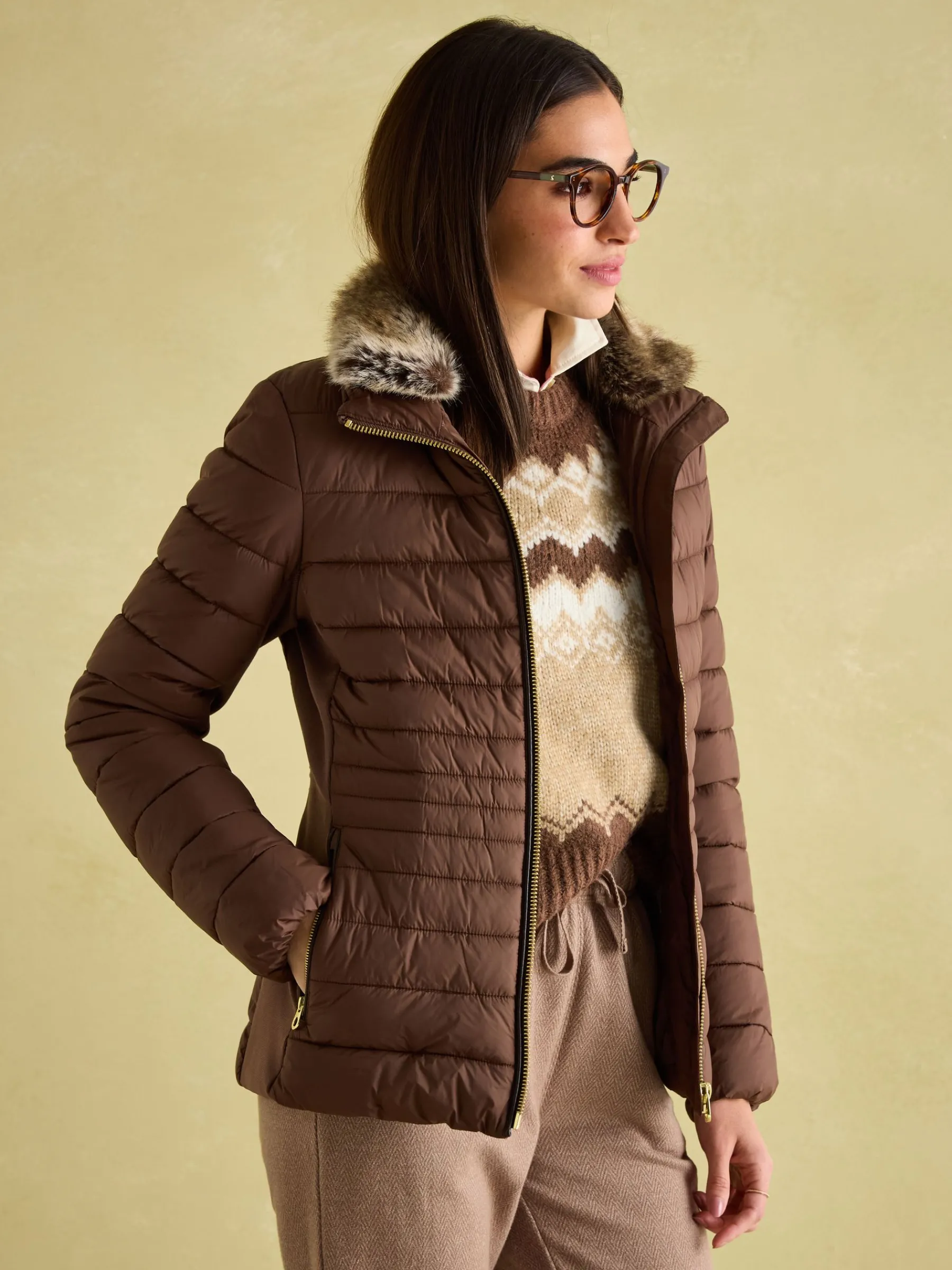 Beckley Padded Showerproof Jacket with Faux Fur Trim<Joules