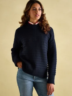 Bernie Navy Blue Crew Neck Textured Jumper Contains Merino Wool<Joules Outlet
