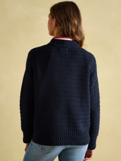 Bernie Navy Blue Crew Neck Textured Jumper Contains Merino Wool<Joules Outlet