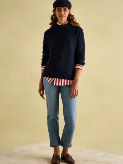 Bernie Navy Blue Crew Neck Textured Jumper Contains Merino Wool<Joules Outlet