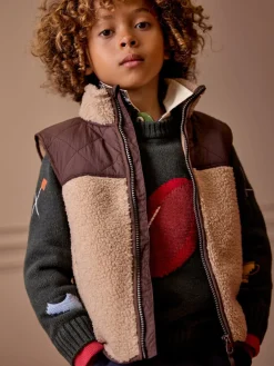 Boys' Eddington Natural & Brown Colourblock Fleece Gilet<Joules Sale