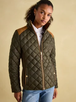Braemar Luxe Khaki Green Showerproof Diamond Quilted Coat<Joules Online