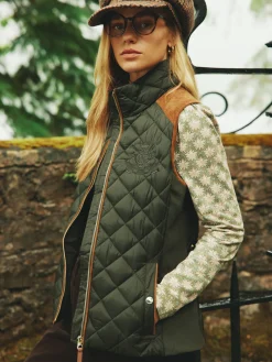 Braemar Luxe Khaki Green Showerproof Diamond Quilted Gilet<Joules Hot