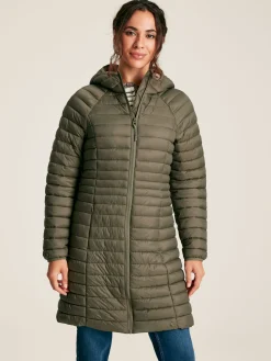Bramley Khaki Green Showerproof Long Packable Padded Coat<Joules Sale