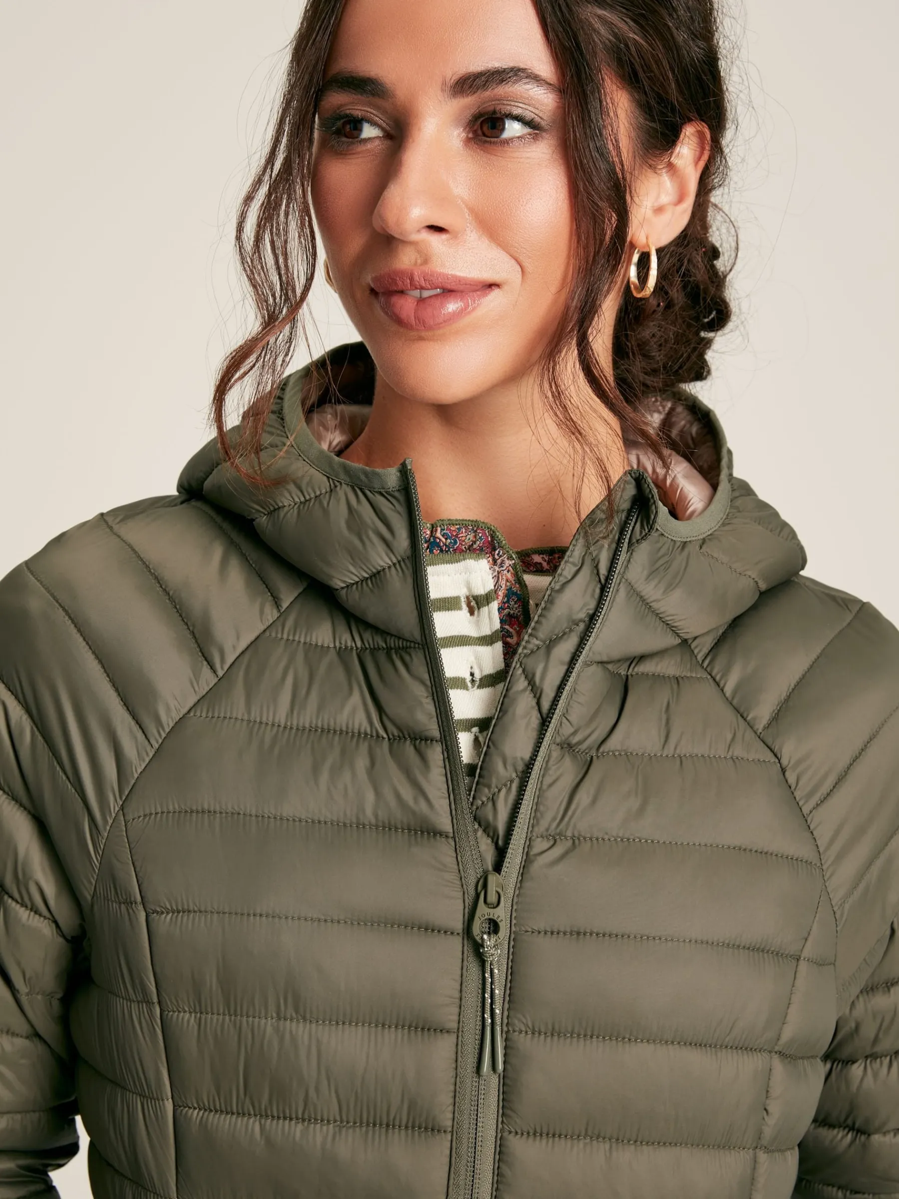 Bramley Khaki Green Showerproof Long Packable Padded Coat<Joules Sale