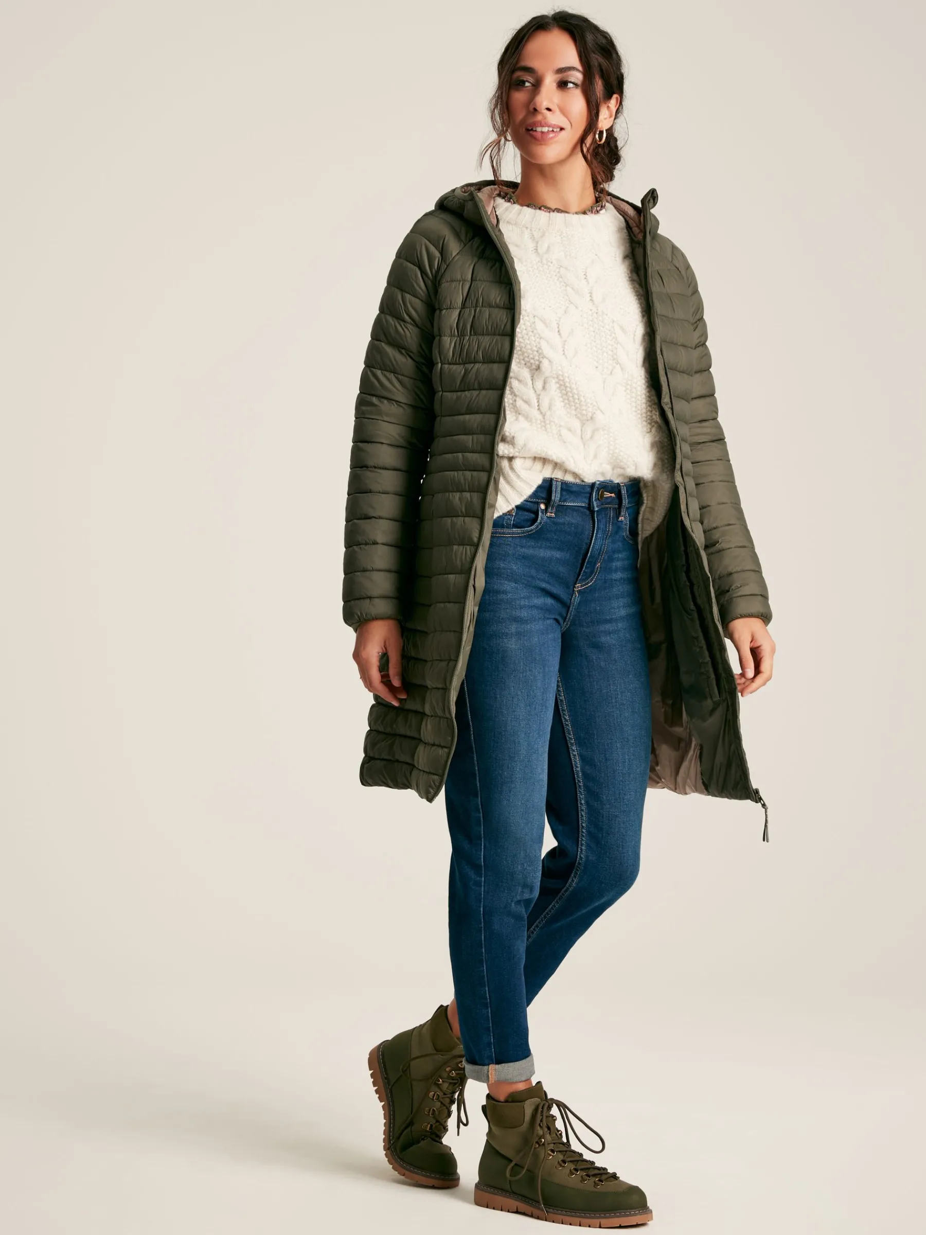 Bramley Khaki Green Showerproof Long Packable Padded Coat<Joules Sale