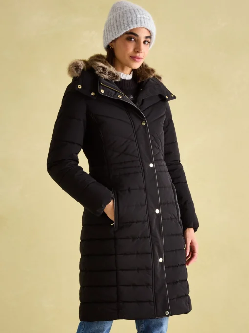 Cherington Showerproof Longline Padded Coat with Faux Fur Hood<Joules