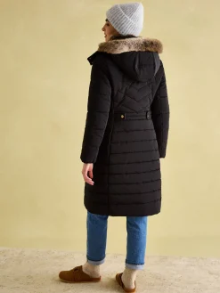 Cherington Showerproof Longline Padded Coat with Faux Fur Hood<Joules