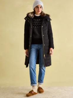 Cherington Showerproof Longline Padded Coat with Faux Fur Hood<Joules