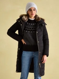 Cherington Showerproof Longline Padded Coat with Faux Fur Hood<Joules