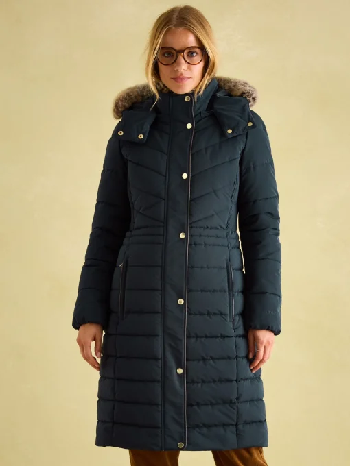 Cherington Showerproof Longline Padded Coat with Faux Fur Hood<Joules Clearance