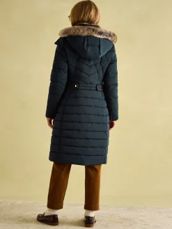 Cherington Showerproof Longline Padded Coat with Faux Fur Hood<Joules Clearance