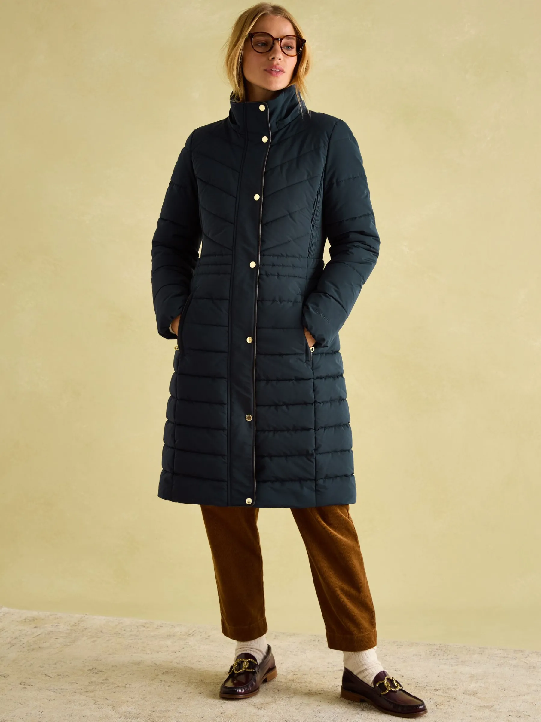 Cherington Showerproof Longline Padded Coat with Faux Fur Hood<Joules Clearance